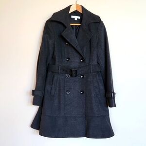 New York & Co Pea Coat, Charcoal Gray, Size M, Belted, Button Up, Flared